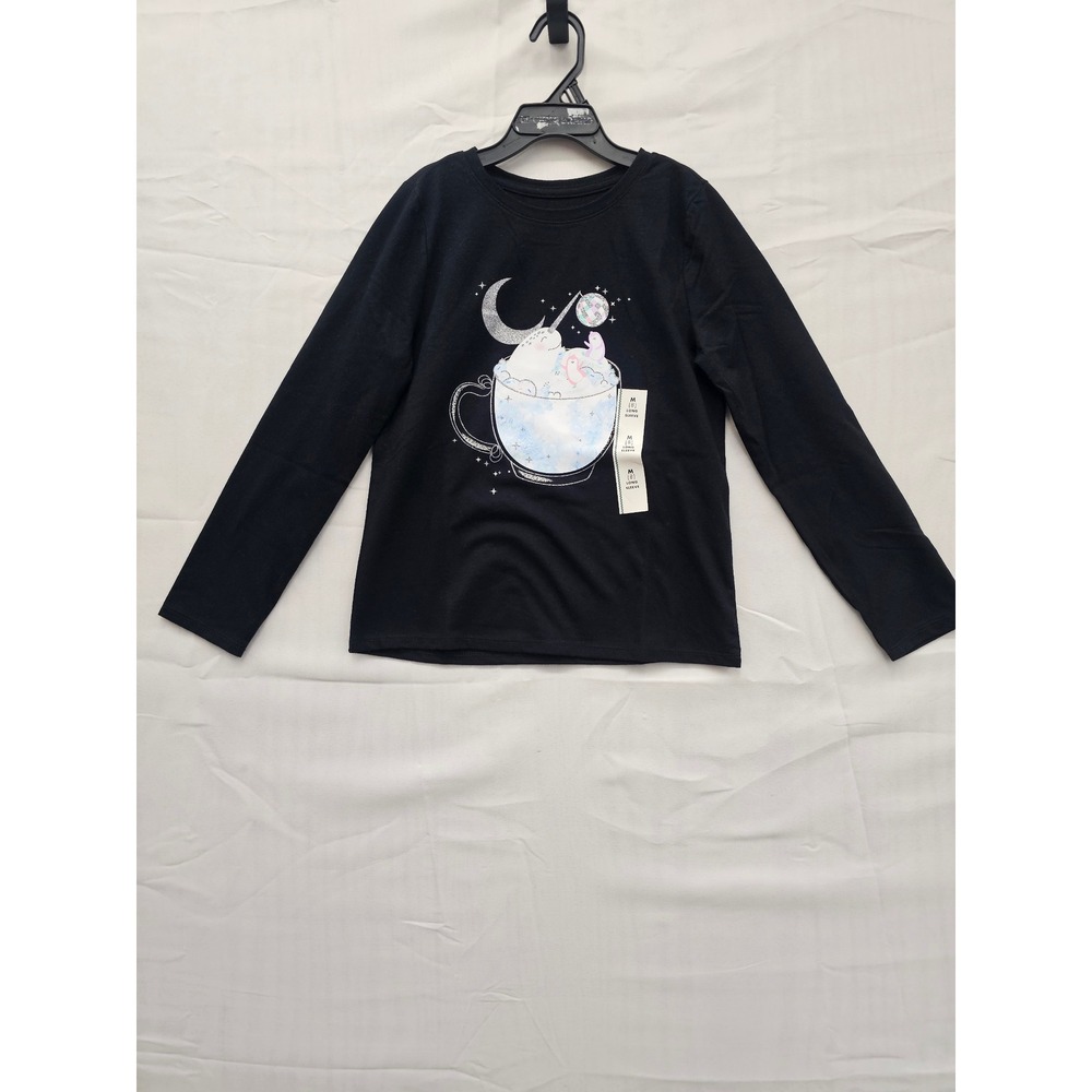 Cat‎ & Jack Girls Black Narwhal Axolotl Teacup Long Sleeve Graphic Tee Size M 8